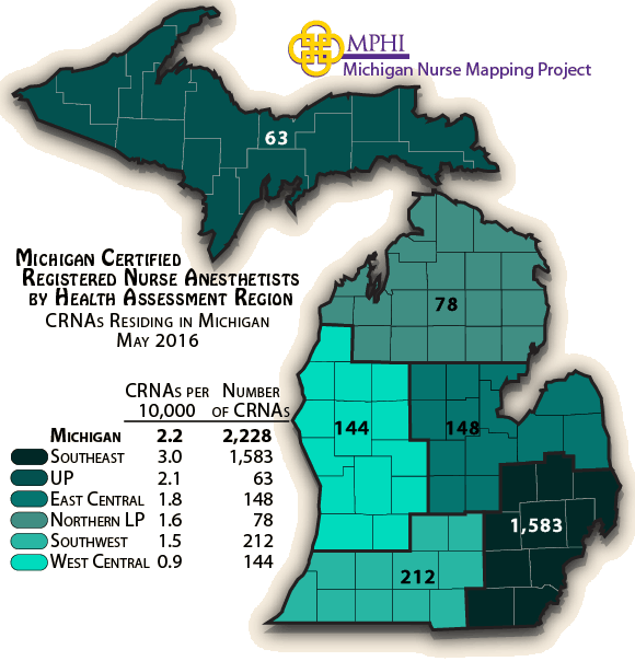 mmap depicts Michigan certified registered nurse anesthetists by health assessment regions in 2016